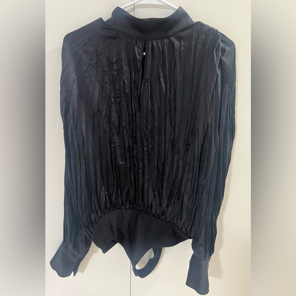 Good American Black Pleated long sleeve bodysuit Blouse women’s size S